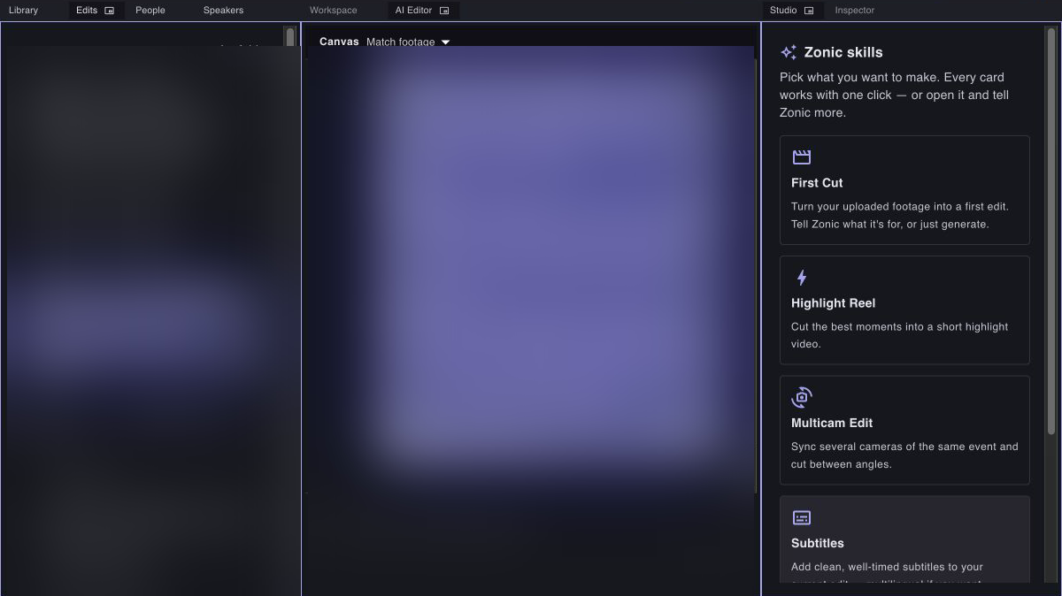 Zonic's dockable workspace showing Library, AI Editor, and Studio panels together