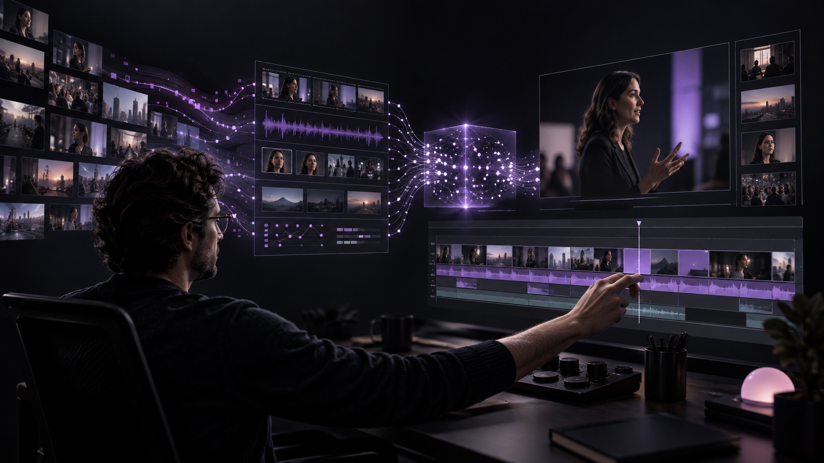 A video editor and an AI intelligence layer collaborate over structured footage and an editable professional timeline